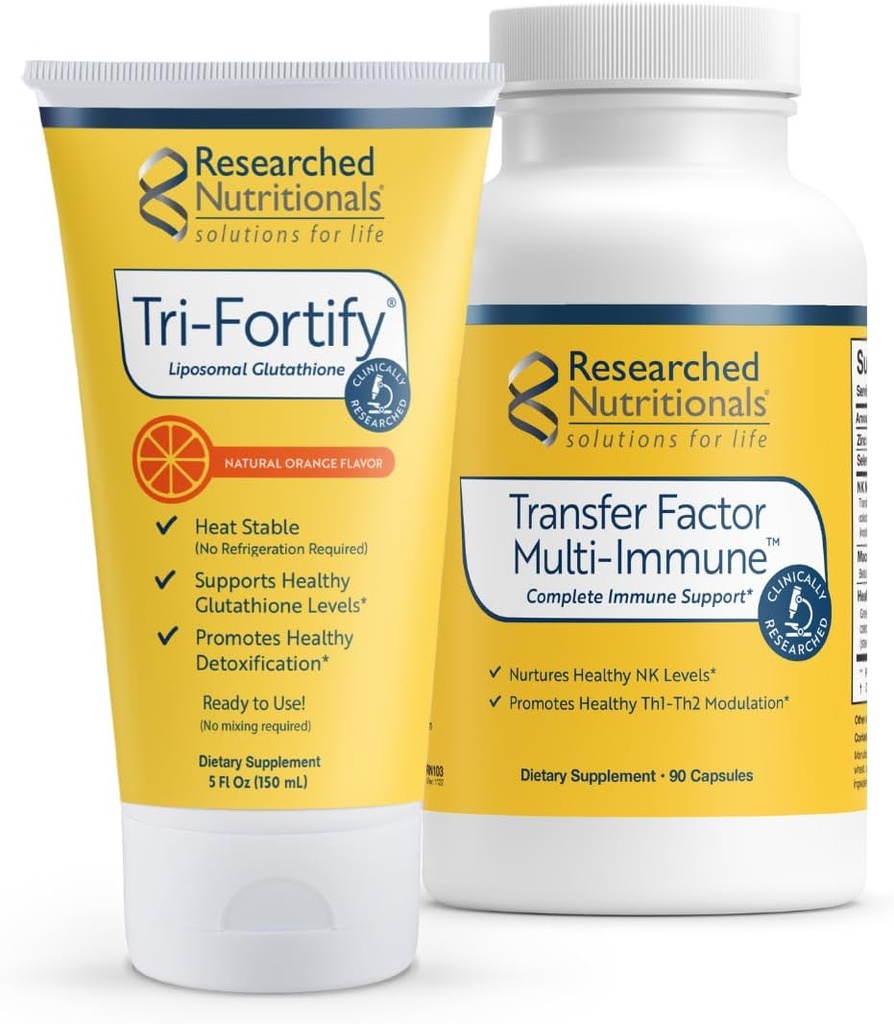 Glutathione Liposomal (450mg) + Colostrum &amp; Mushrooms Suplemento para Immune Support - Immunity Duo mejorado - Tri-Fortify Orange + Factor de transferencia Multi-Inmune (2 Juego de piezas)