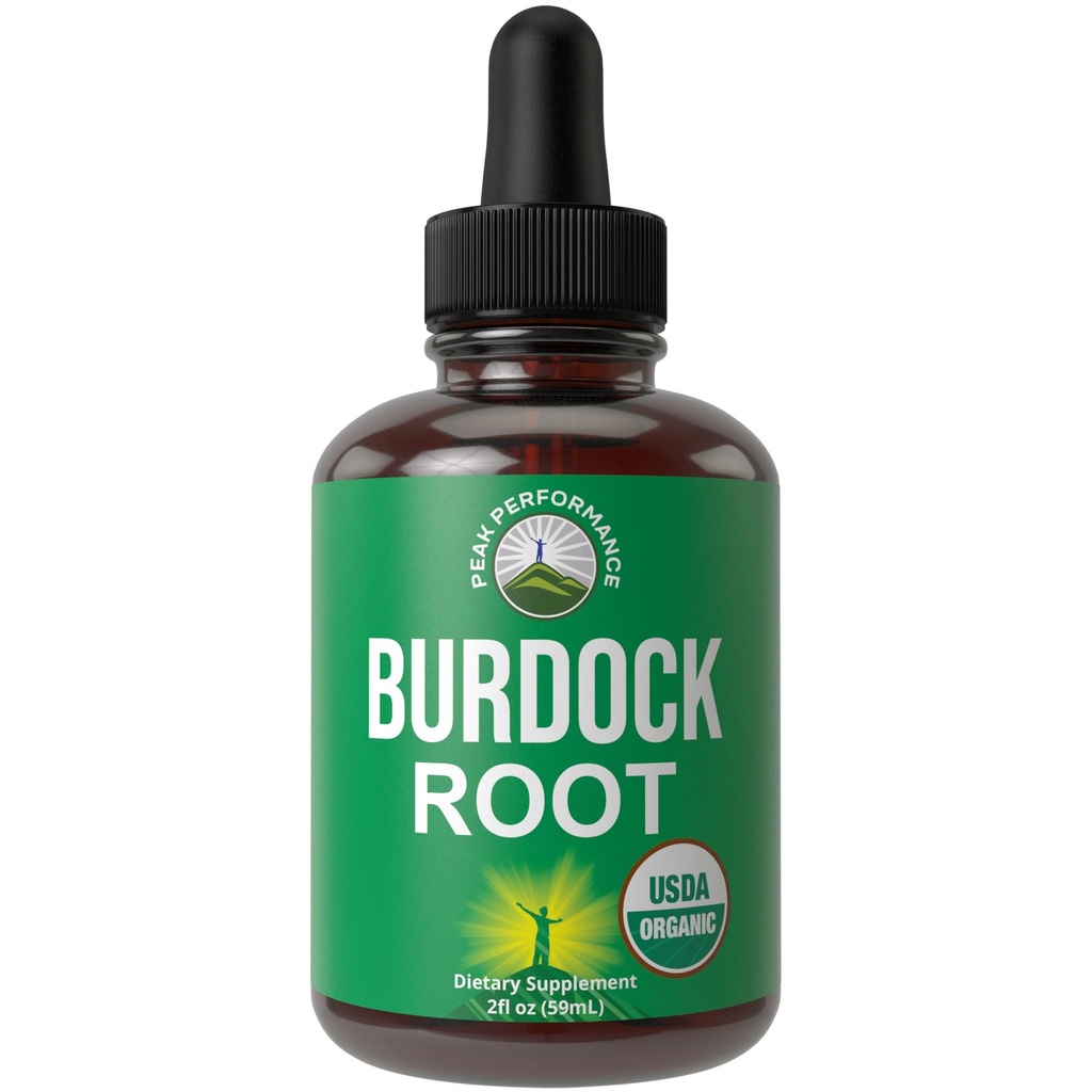 Peak Performance USDA Organic Burdock Root Liquid Drops Suplemento. Tintura de Extracto Vegano para Mujeres y Hombres. Hierba de aceite de raíz de Burdock orgánico. Cero Azúcar, Gluten Suplementos Gratis