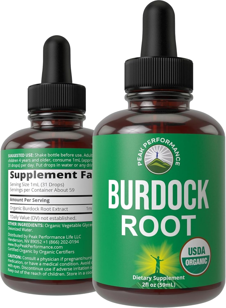 Peak Performance USDA Organic Burdock Root Liquid Drops Supplement. Vegan Extract Tincture for Women and Men. Organic Burdock Root Oil Herb. Zero Sugar, Gluten Free Supplements