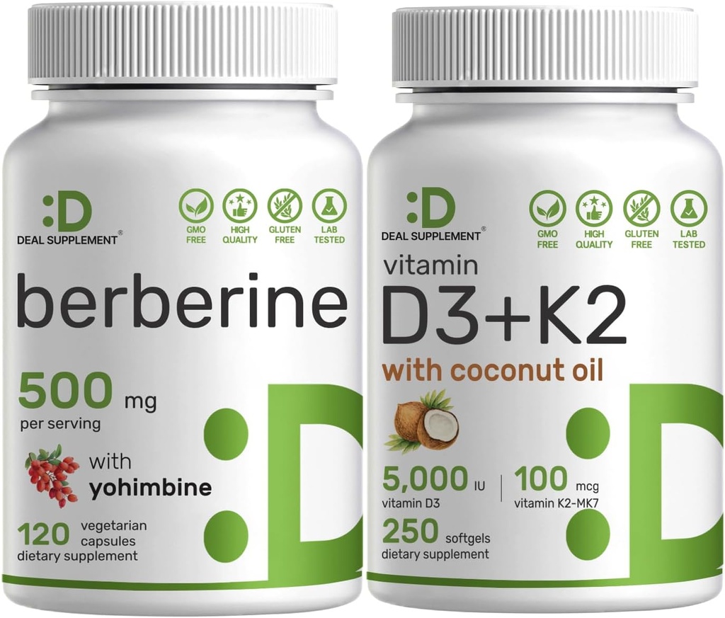 SUPLEMENTO DEAL Vitamina D3 5000iu + K2 100mcg Softgels &amp; Berberina Suplemento con Yohimbine Bundle – Vitaminas de Sunshine esenciales – Hidrocloruro de alta absorción Formas