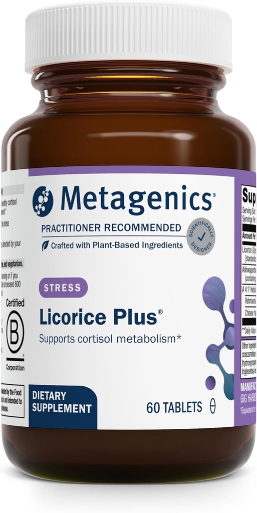 Metagenics Licorice Plus - Cortisol &amp; Stress Support Supplement with Licorice Root, Ashwagandha, Rehmannia & Chinese Yam - Non-GMO, Gluten-Free, Vegetarian - GMP Certified Facility - 60 Tablets