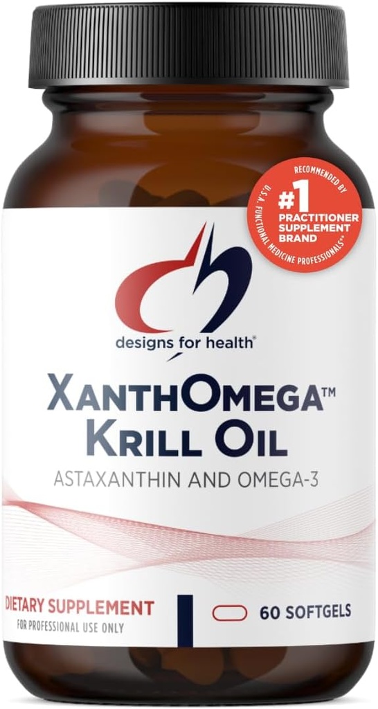 Diseños para la salud XanthOmega - Aceite Krill con 12 mg Astaxanthin - Antioxidante, fosfolípidos + EPA/DHA Omega 3 - Cardiovascular, Skin + Eye Health Supplement (60 Softgels)