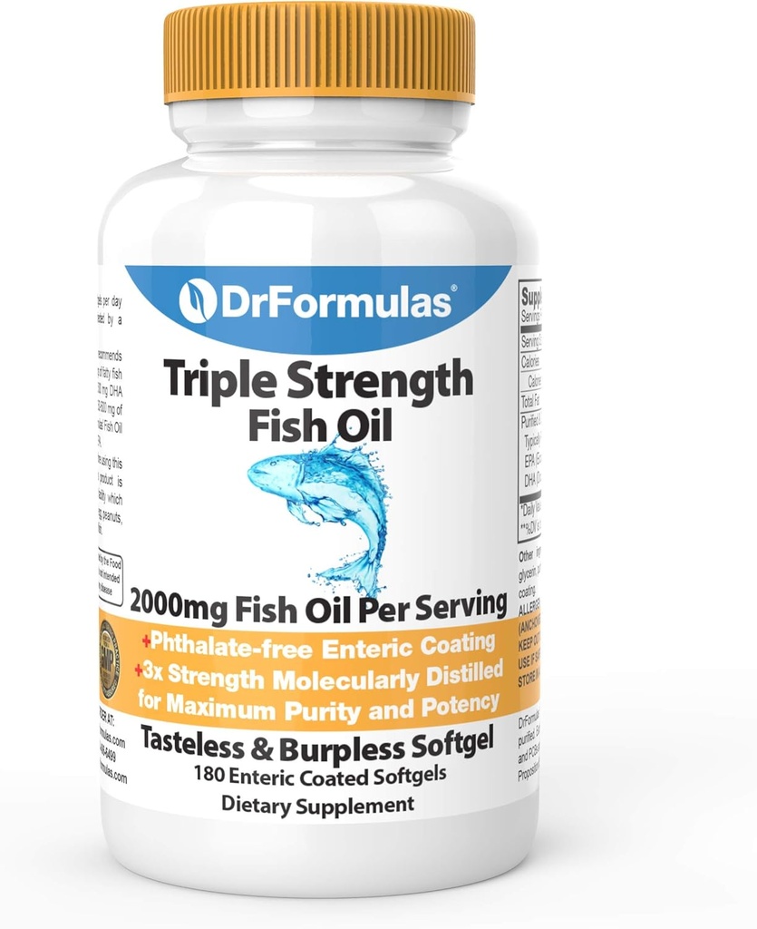 DrFormulas 2000mg Triple Fuerza Omega 3 Fish Oil con EPA y DHA, 180 Burpless Softgels