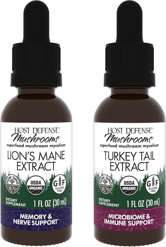Host Defense Bundle with Lion's Mane Extract, 1 fl oz & Turkey Tail Extract, 1 fl oz - Support Brain Health, Memory & Focus - Support Digestive Health & Immune Response*