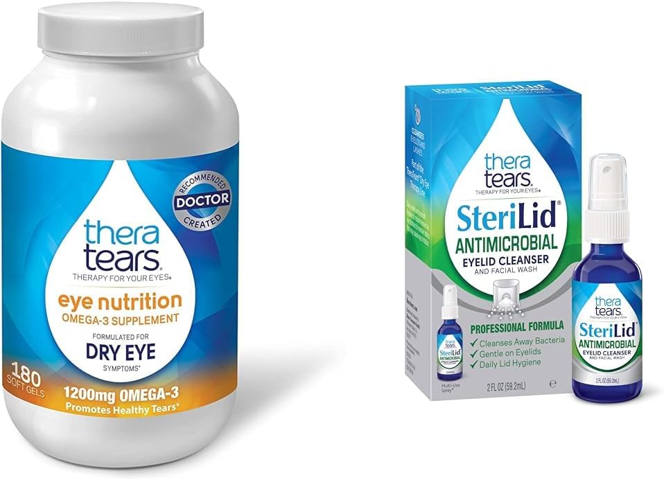 TheraTears 1200mg Omega 3 Suplemento para la Nutrición Ocular, Orgánica Triglicérida Pez Aceite y Vitamina E, 180 Cuenta " Limpiador Ocular SteriLid y lavado facial, para ojos irritados, 2 fl oz Spray