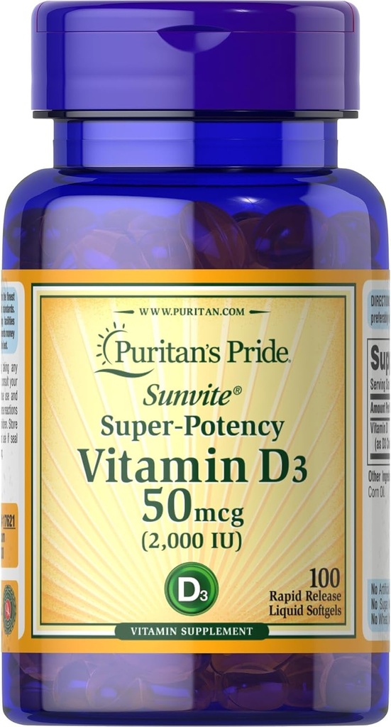 El orgullo de Puritan Sunvite Super High Potency Vitamin D3 2000IU 100 Softgels