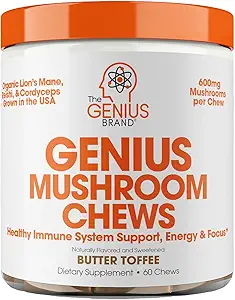 The Genius Brand Genius Mushroom - Suplemento de base vegetal para Immune, Focus &amp; Energy Support - Lion's Mane, Cordyceps & Reishi - Orgánico &amp; No GMO - Butter Toffee - 60 Soft Chews