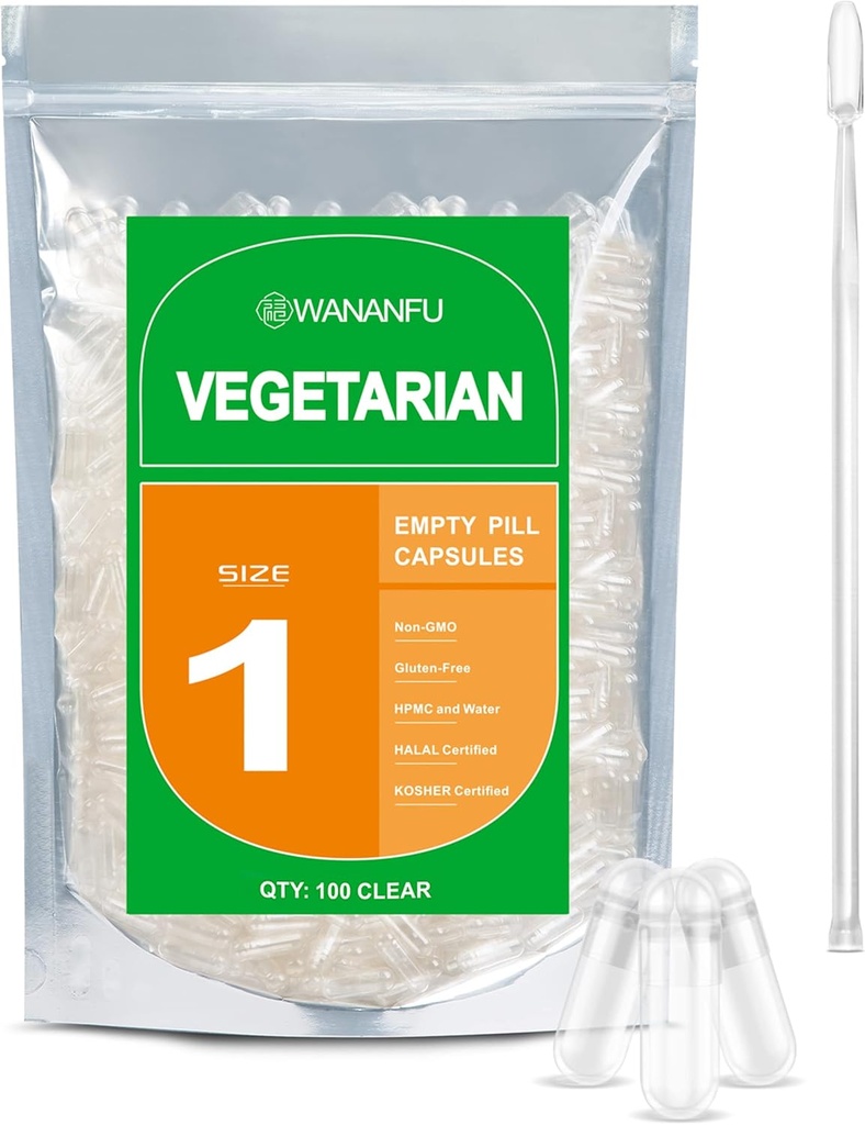 wananfu Tamaño 1 Empty Capsules Vegetariano (100 Conde) Agrupo con Micro Lab Spoon, Limpio Fillable Veggie Pill Capsules Tamaño 1 para hacer sus propios suplementos