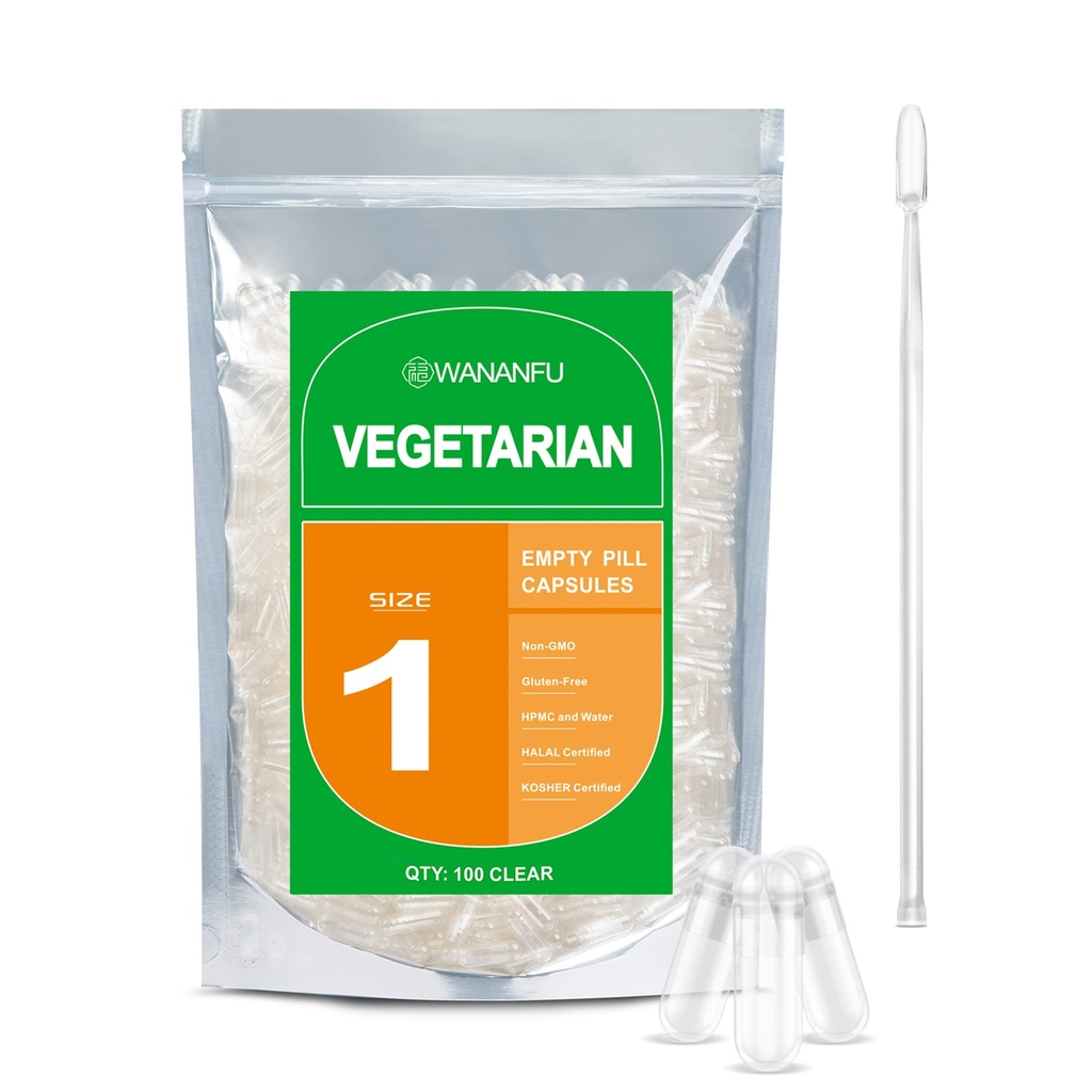 wananfu Tamaño 1 Empty Capsules Vegetariano (100 Conde) Agrupo con Micro Lab Spoon, Limpio Fillable Veggie Pill Capsules Tamaño 1 para hacer sus propios suplementos