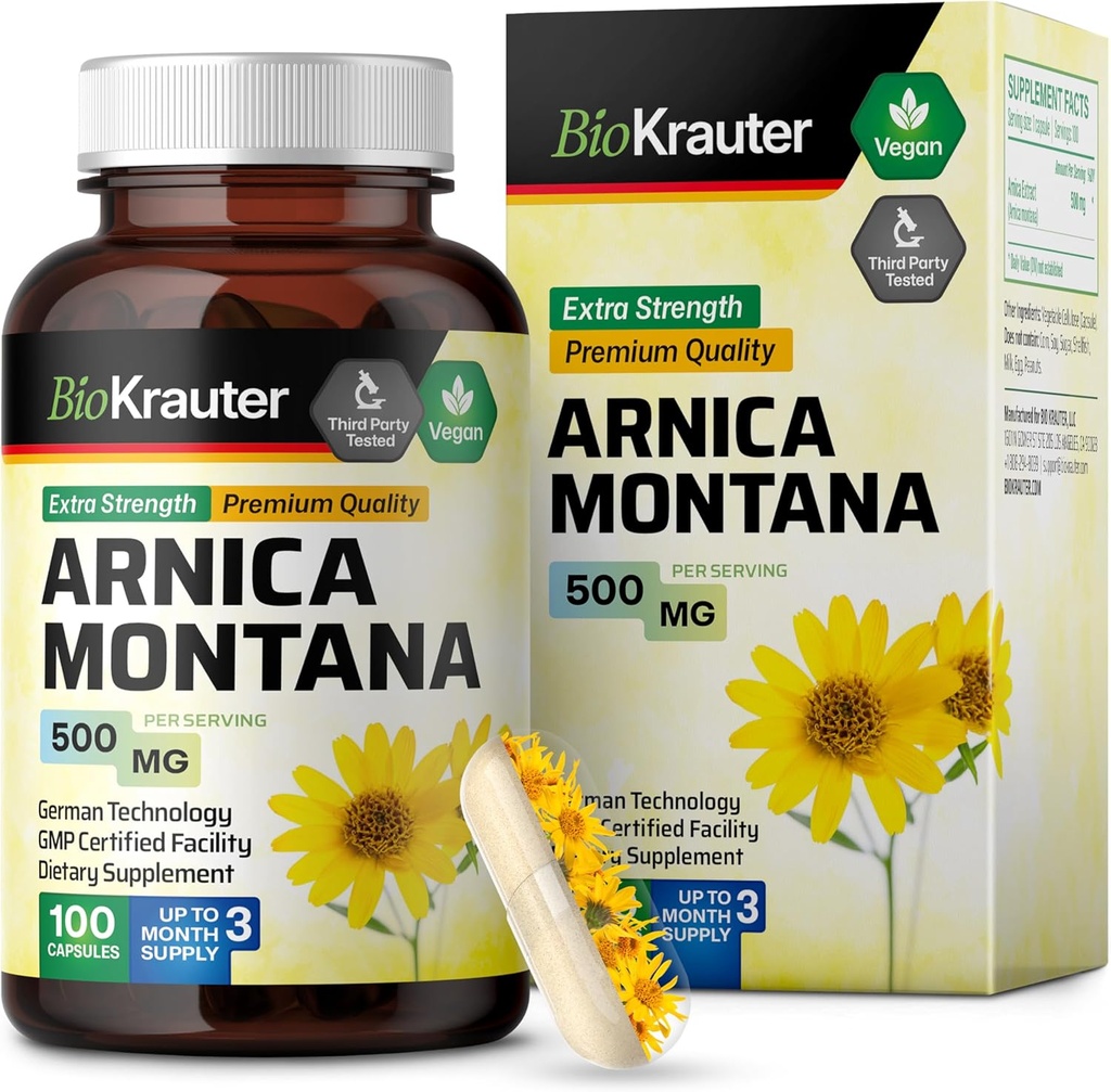 BIO KRAUTER Arnica Montana Capsules - 500 mg Arnica Capsules for Bruising and Swelling - Vegan - 100 Conde