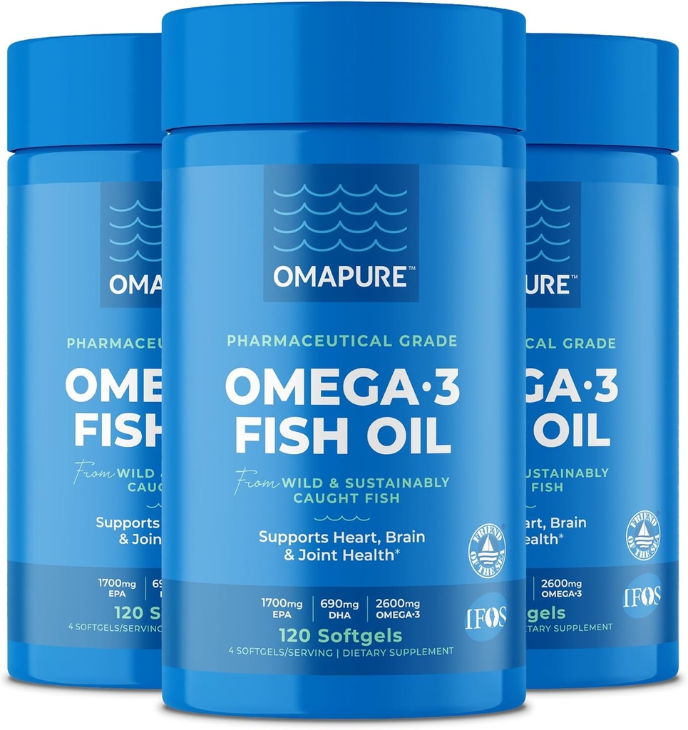 OMAPURE Fish Oil Supplements with Omega 3 Fatty Acids (3 Bottles, 120 Softgels) - High EPA, DHA, & IFOS Fish Oil Pills Support Heart & Joint Health - Burpless Fish Oil Promotes Brain Function