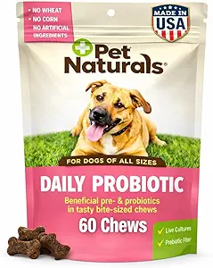 Pet Naturals Probiótico diario para perros, 120M CFUs - Pre y Probióticos para perros Salud Digestiva, Salud Gut, Apoyo Inmunitario, Diarrea, Alergias e Itching - 60 Chews, Sabor de Pato