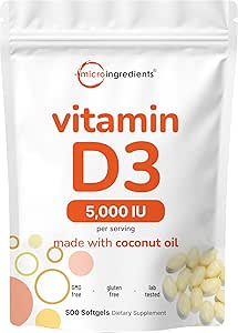Micro Ingredientes Vitamina D3 5,000 UI, 500 Softgels  durable Virgin Coconut Oil ¦ Cholecalciferol Form ¦ Bone, Immune & Heart Support ← Fácil de Swallow, No GMO