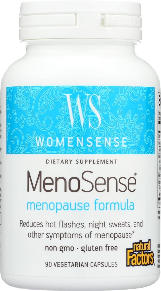 MenoSense por factores naturales, suplemento natural para ayudar a mejorar los síntomas de la menopausia, vegano, no transgénico, 90 cápsulas
