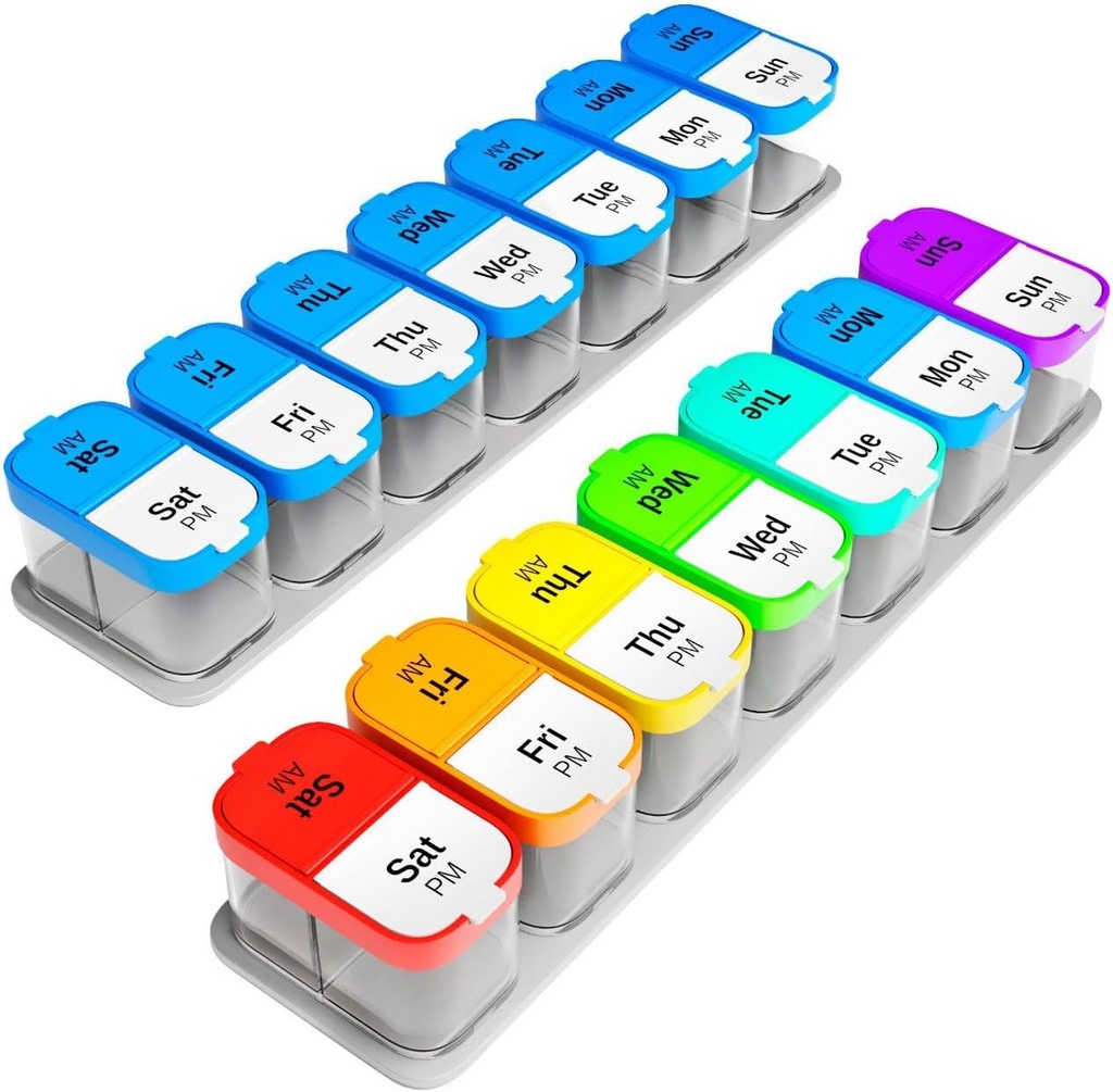 Extra Large Weekly Pill Organizer Set - 2 XL Vitamin Holders with 7 Detachable AM PM Compartments - Reliable Medicine Dispenser for Home and Travel, Portable Supplement Container, Rainbow &amp; Blue/White