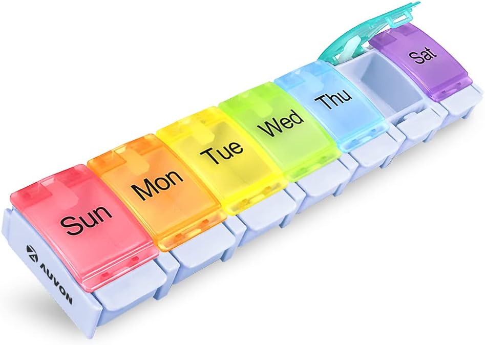 AUVON Organizador semanal de píldoras Artritis Friendly, BPA Free Travel 7 Day Pill Box Case with Spring Open Design and Large Compartment to Hold Vitamins, Cod Liver Oil, Supplements and Medication