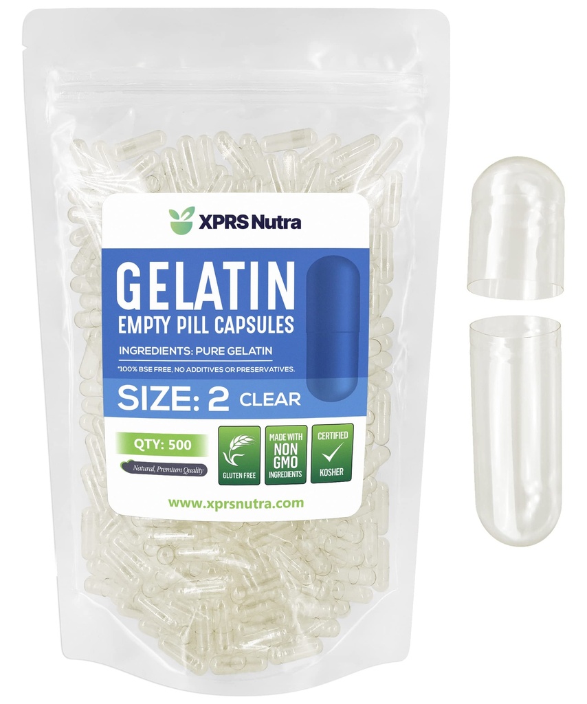 XPRS Nutra Size 2 Empty Capsules - 500 Cuentas Clear Empty Gelatin Capsules - Pills DIY Capsule Filling - Pure Bovine Pill Gel Caps for Do-It-youself Supplements