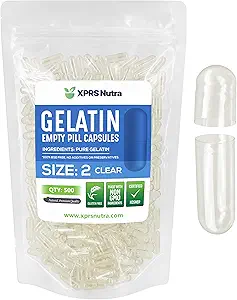 XPRS Nutra Size 2 Empty Capsules - 500 Cuentas Clear Empty Gelatin Capsules - Pills DIY Capsule Filling - Pure Bovine Pill Gel Caps for Do-It-youself Supplements