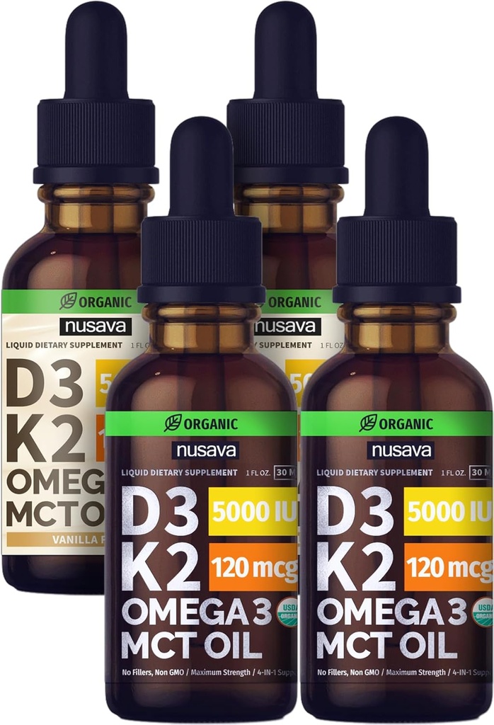 NUSAVA Unflavored D3 K2 Liquid Drops and Vanilla Flavored D3 K2 Liquid Drops Bundle - Potent Liquid Vitamins for Heart, Joint, Bone, Muscle, & Immune Support - Non-GMO, Gluten-Free, 2pk Each