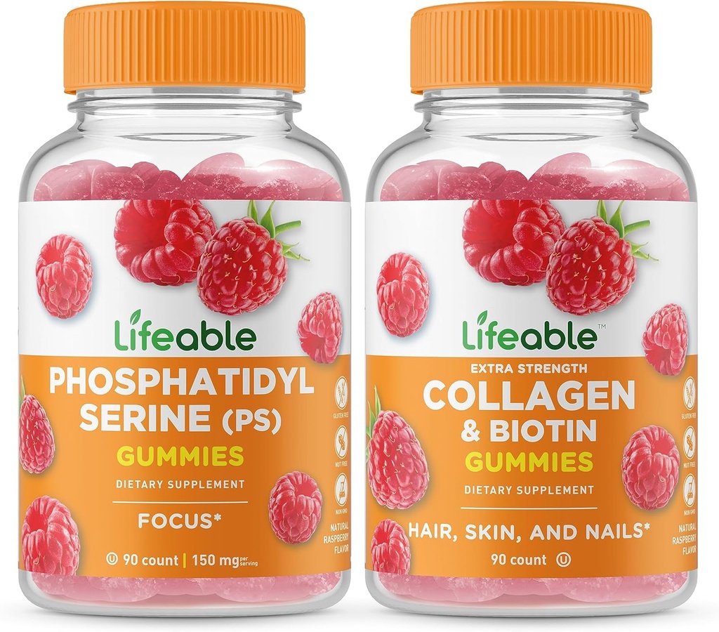 Phosphatidylserine (PS) + Collagen &amp; Biotin, Gummies Bundle - Gran Tasting, Suplemento de vitamina, Gluten Free, GMO Free, Chewable Gummy