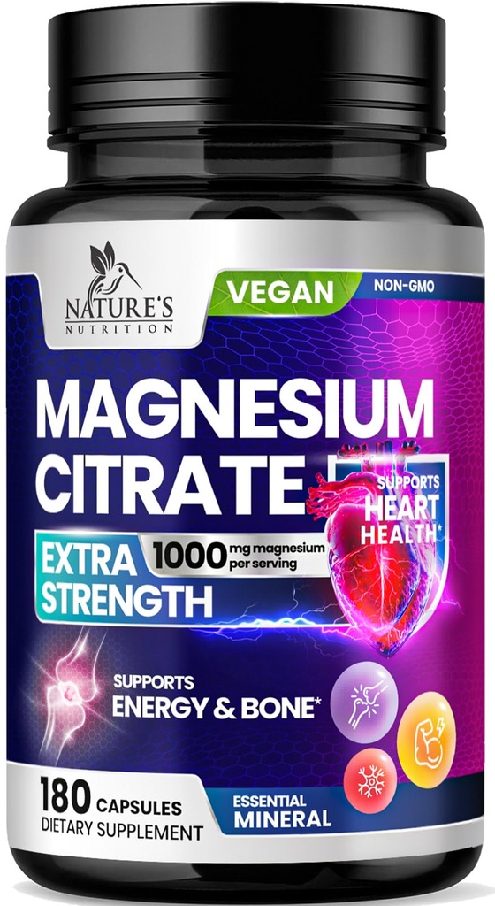 Magnesium Citrate 1000mg Per Serving - 3X Strength Magnesium Supplement for Bone, Muscle, Heart, Natural Sleep Support for Men & Women, Vegan Mag Mineral Pills, Non-GMO, Bottled in USA - 180 Capsules