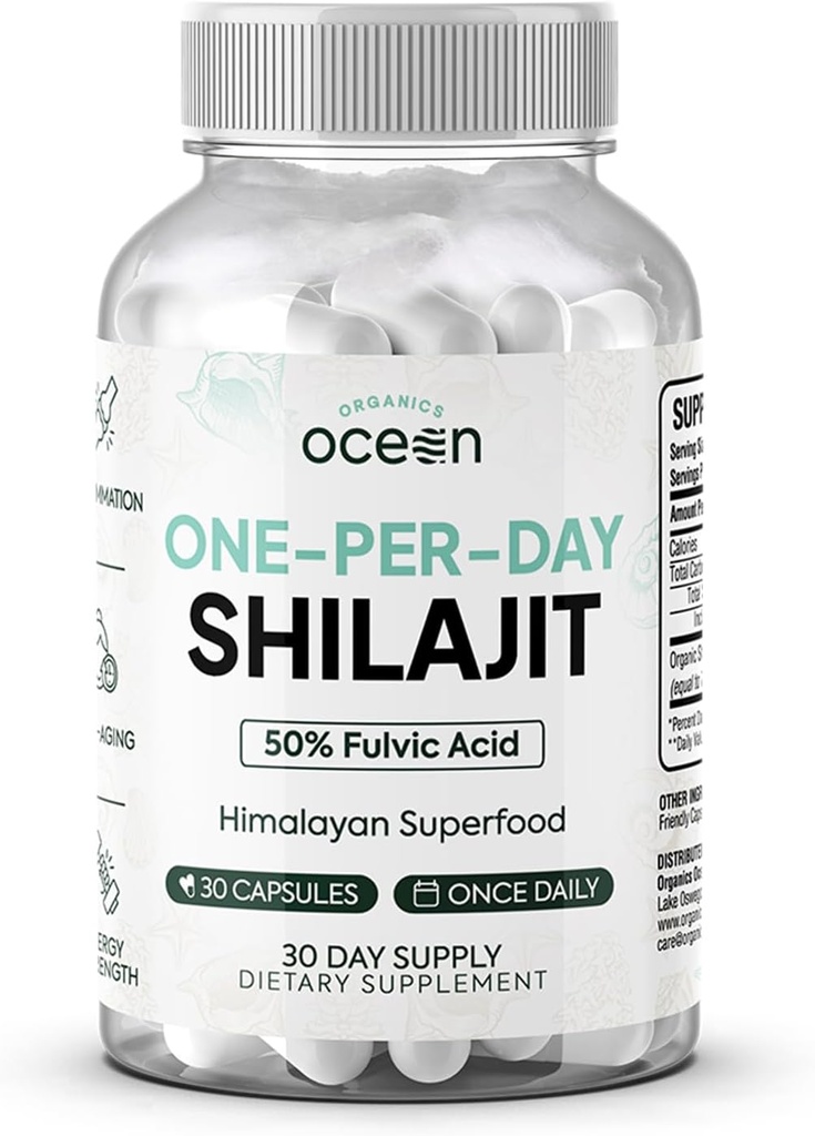 Organics Ocean One-Per-Day Shilajit for Hombre and Women - Natural Shilajit Supplement for Age-Defying, Bone Strength, Hormone Support and More - 30 Shilajit Capsules