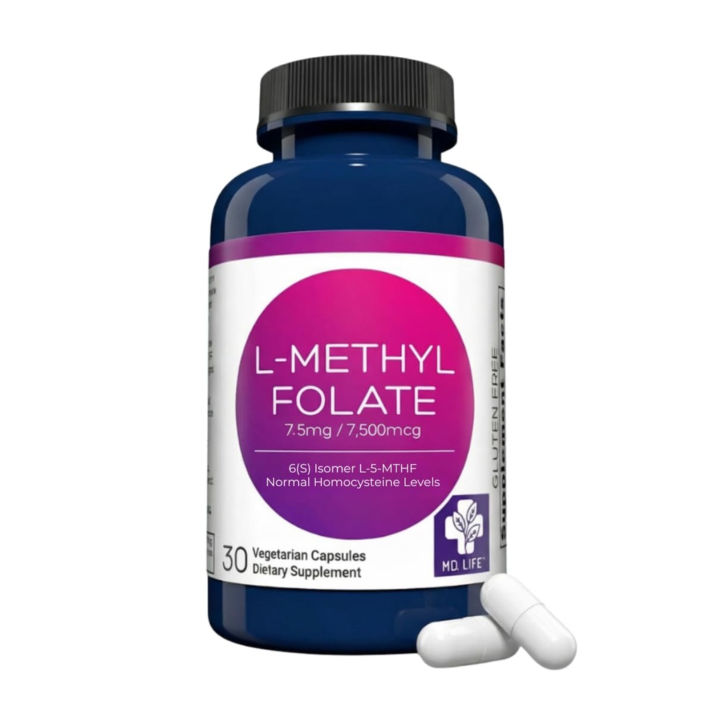 MD Life L-Methylfolate 7.5 mg Suplemento - Professional-Grade Active L Methylfolate Suplemento - 30 cápsulas - L-Methylfolate 7.5mg - Maximum Potency MTHFR W/ Essential Amino Acids