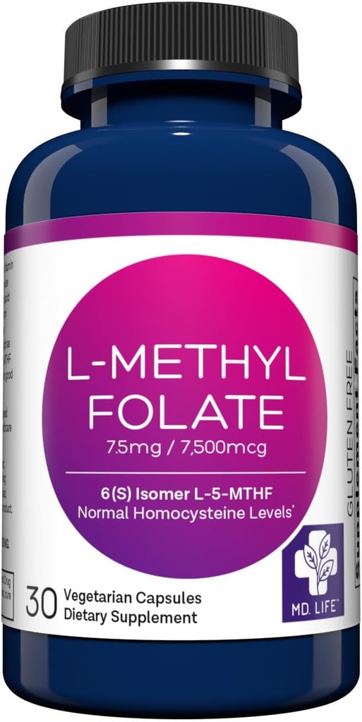 MD Life L-Methylfolate 7.5 mg Suplemento - Professional-Grade Active L Methylfolate Suplemento - 30 cápsulas - L-Methylfolate 7.5mg - Maximum Potency MTHFR W/ Essential Amino Acids