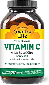 Country Life Time Release Vitamin C with Rose Hips, Supports Immune Health, 1,000mg, 250 Tablets, Certified Gluten Free, Certified Vegan