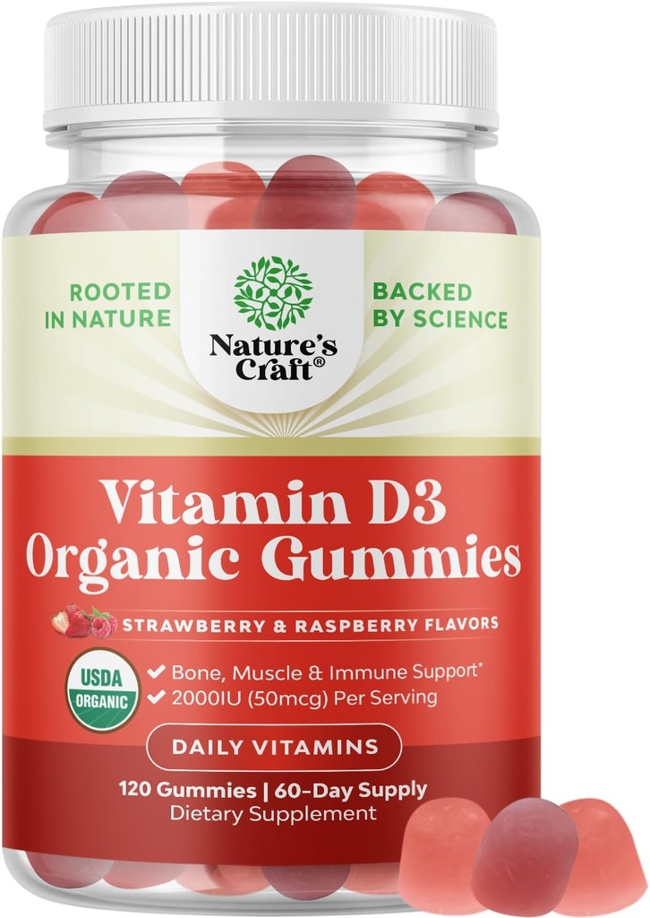 Natures Craft Organic Vitamin D Gummies for Adults - Daily Immune Support Gummies with Vegan Vitamin D3 2000IU - USDA Organic D3 for Adults Wellness Non GMO Gluten Free 2 Month Supply