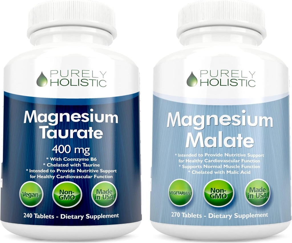 Magnesium Taurate 400mg + Magnesium Malate 400mg - Highly Bioavailable - High Absorption Bundle - 270 + 270 Tablas Vegetarianas