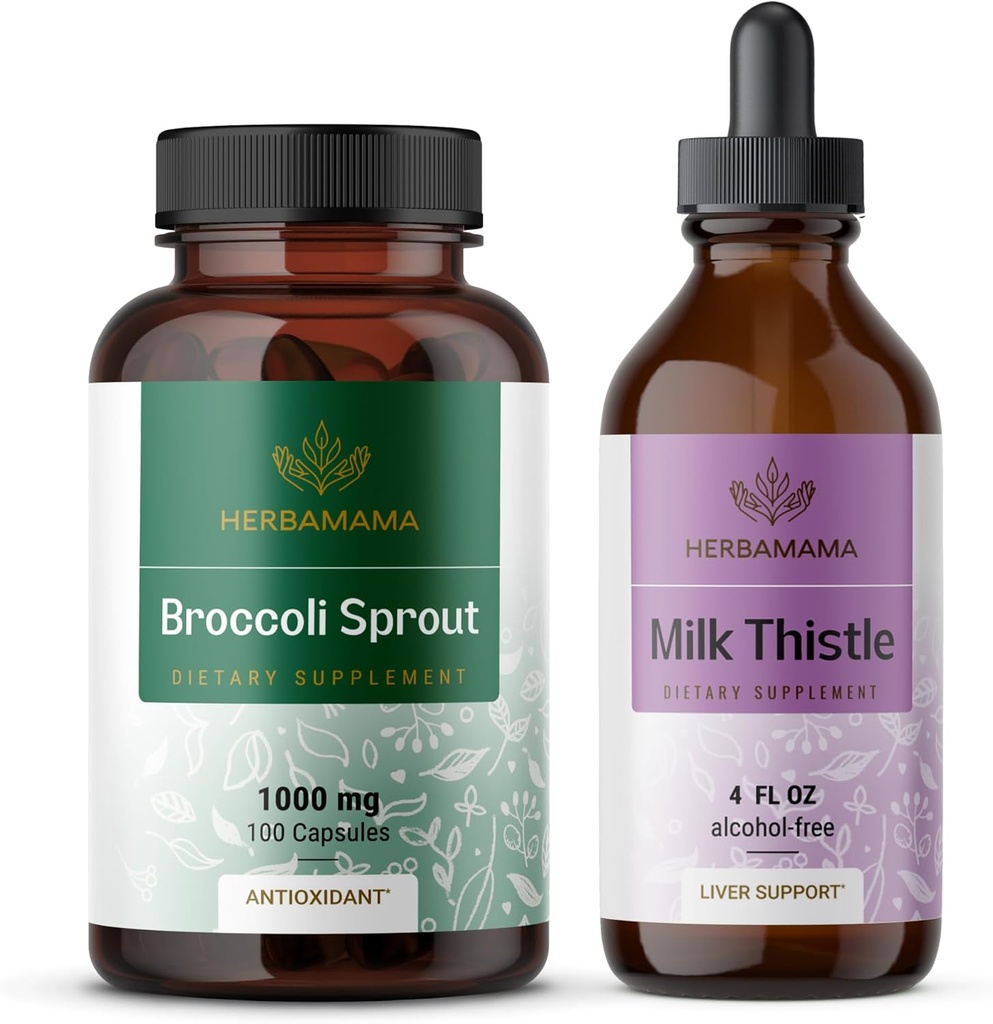 HerbAMAMA Broccoli Sprout and Milk Thistle Kit - Bundle of 1000 mg Broccoli Sprout Capsules " Milk Thistle Extract 4 fl oz - Vegan, Non-GMO, Sugar " Alcohol-Free - 2 Pack
