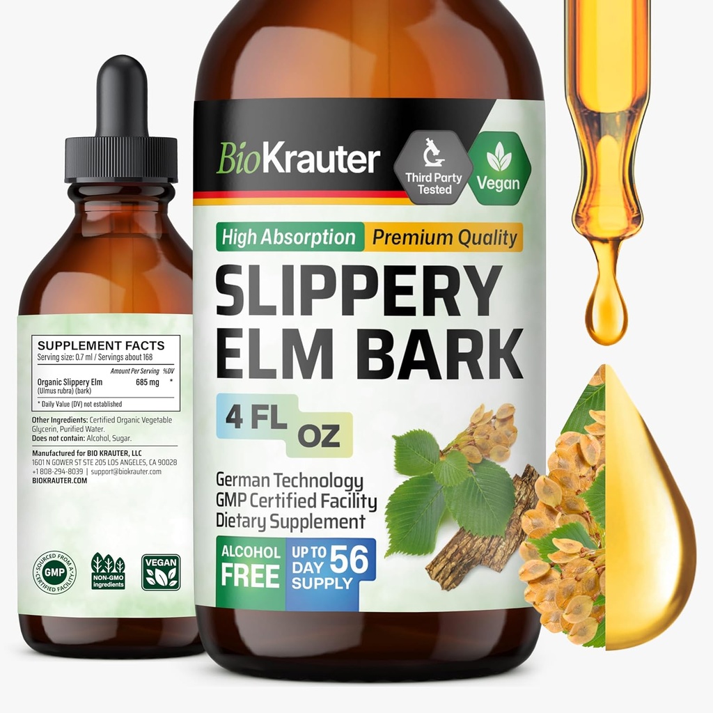 BIO KRAUTER Slippery Elm Bark Tincture - Pure Slippery Elm for Women &amp; Men - 4 Fl.Oz. 56 Días de suministro - Throat &amp; Voice Support - Vegan Liquid Drops for Lungs - Respiratory &amp; Digestive Health