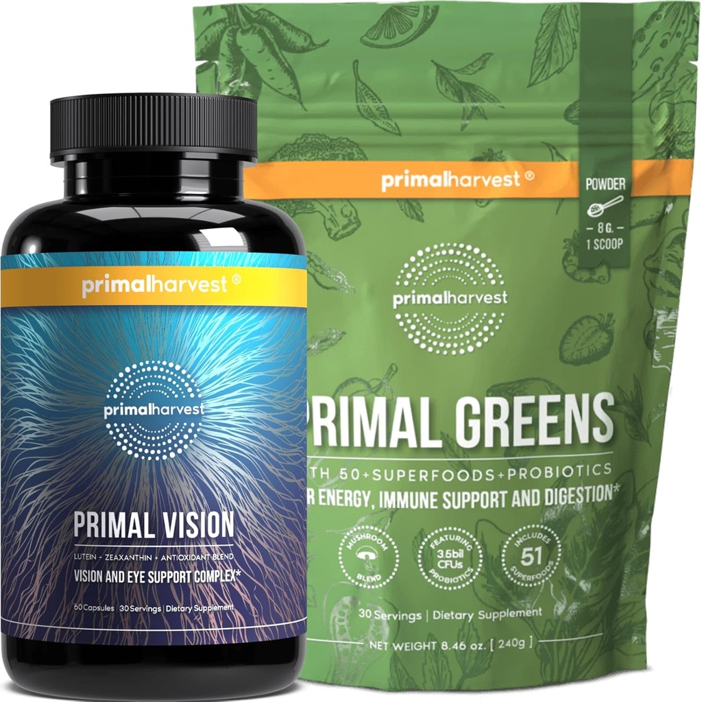 Primal Harvest Greens Powder &amp; Vision Suplementos para Mujer y Hombre Visión y Ojo Complejo de Apoyo con Lutein, Zeaxanthin Bundle