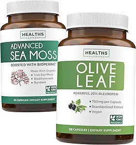 Sea Moss " Olive Leaf Extract (1-Month Supply) Olive Moss Blend - Organic Irish Sea Moss - Raw Vegan Supplement (60 Caps) " Olive Leaf Extract Super Strength: 20% Oleuropein - Vegetarian (120 Caps)