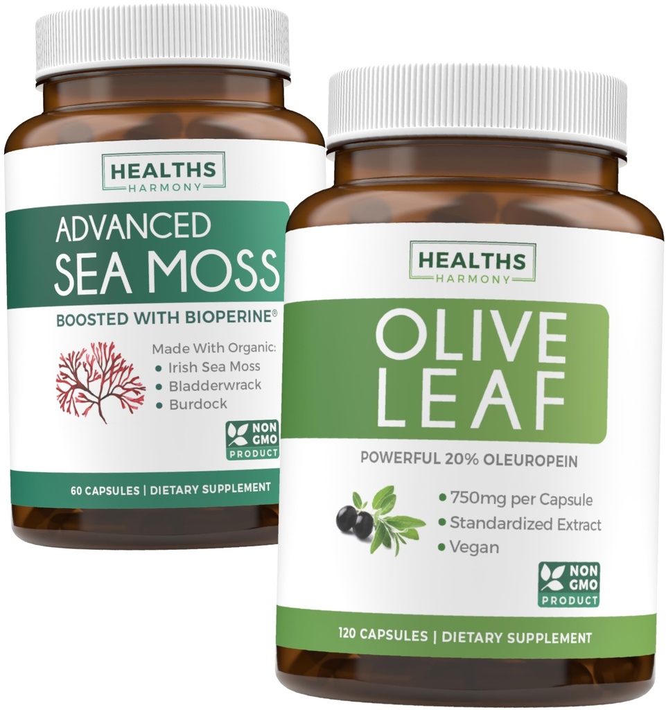 Sea Moss " Olive Leaf Extract (1-Month Supply) Olive Moss Blend - Organic Irish Sea Moss - Raw Vegan Supplement (60 Caps) " Olive Leaf Extract Super Strength: 20% Oleuropein - Vegetarian (120 Caps)