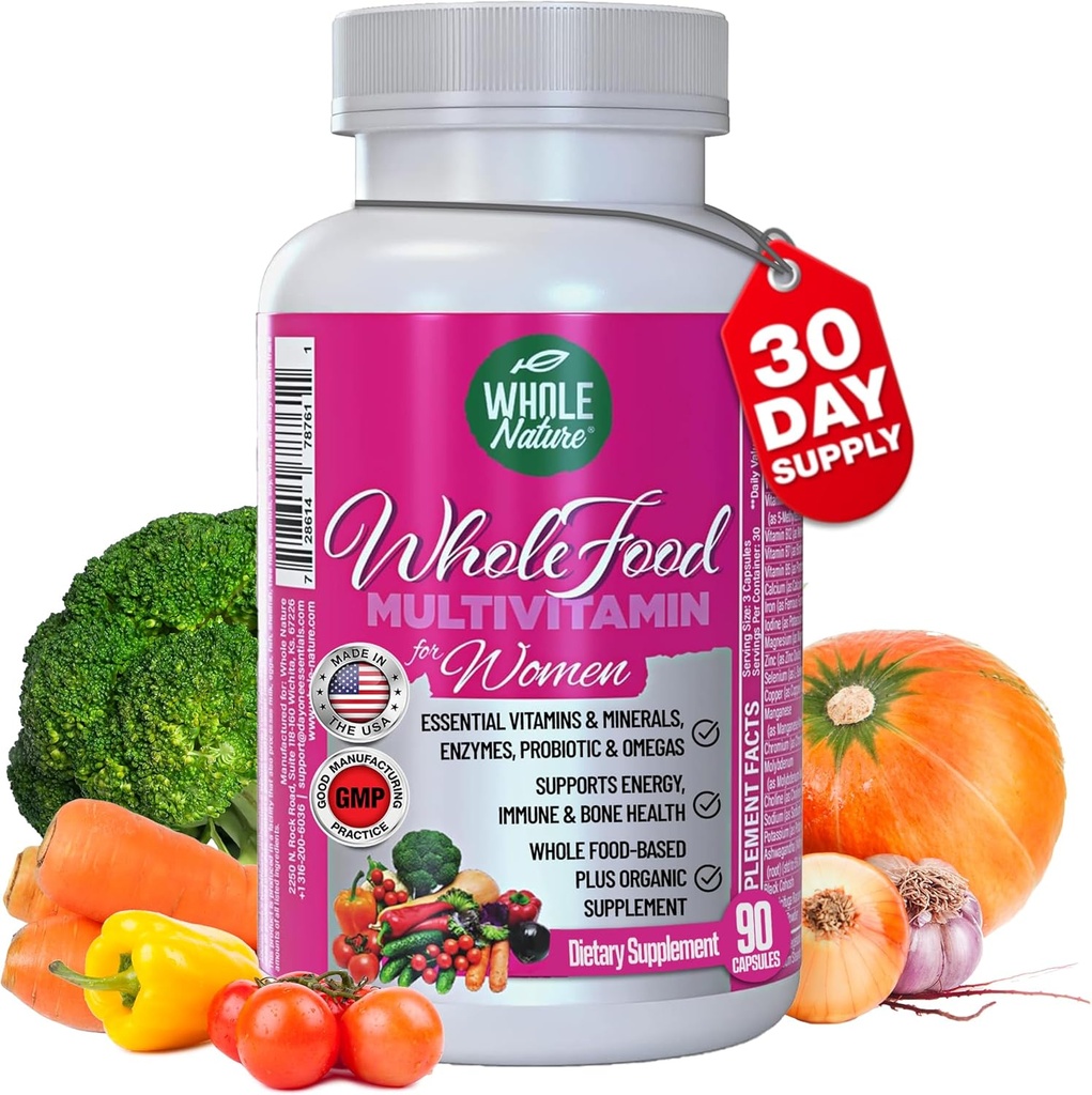 Multivitamina entera de alimentos para mujeres Vitamina Multi con folato, Metil B12, Vitaminas, Minerales, Probióticos y Omegas, Vegan, No GMO- 90 cápsulas (1) (1)