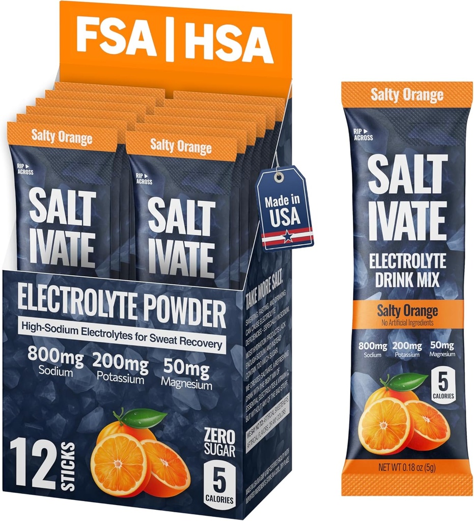 Salty Orange Electrolytes Packets ← 800mg Sodium, Potassium & Magnesium Hydration ¦ Stevia-Sweetened & Sugar Free Electrolyte Powder  durable for Sweat Revocery, Fasting, POTS  durable Makes 32 Fl Oz (Pack of 12)