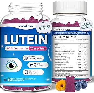 2 Pack Lutein Gummies, 12 en 1 Lutein y Zeaxanthin Suplementos Vitaminas Ojo Gummies para Adultos, Suplemento de Salud Ocular con Múltiple Vitamina para la Promoción del Ojo & Visión - 120 Gummies
