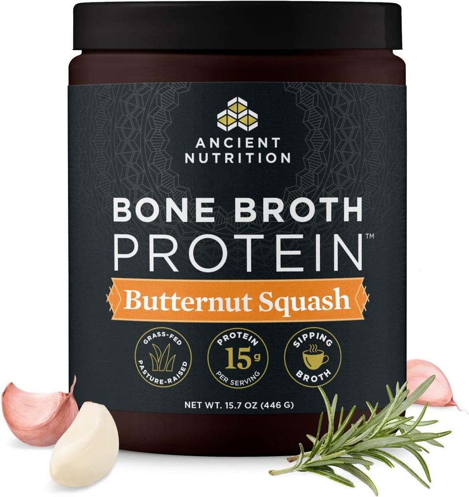 Ancient Nutrition Bone Broth Protein Powder, Butternut Squash, Grass-Fed Chicken and Beef Bone Broth Powder, 15g Protein Per Serving, Supports a Healthy Gut, 15 Servings