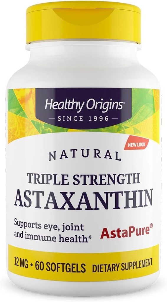 Orígenes saludables Astaxanthin 12 mg (Natural, Astapure, Triple fuerza, No GMO, Gluten Free, Eye Support, Joint Support, Immune Support), 60 Softgels