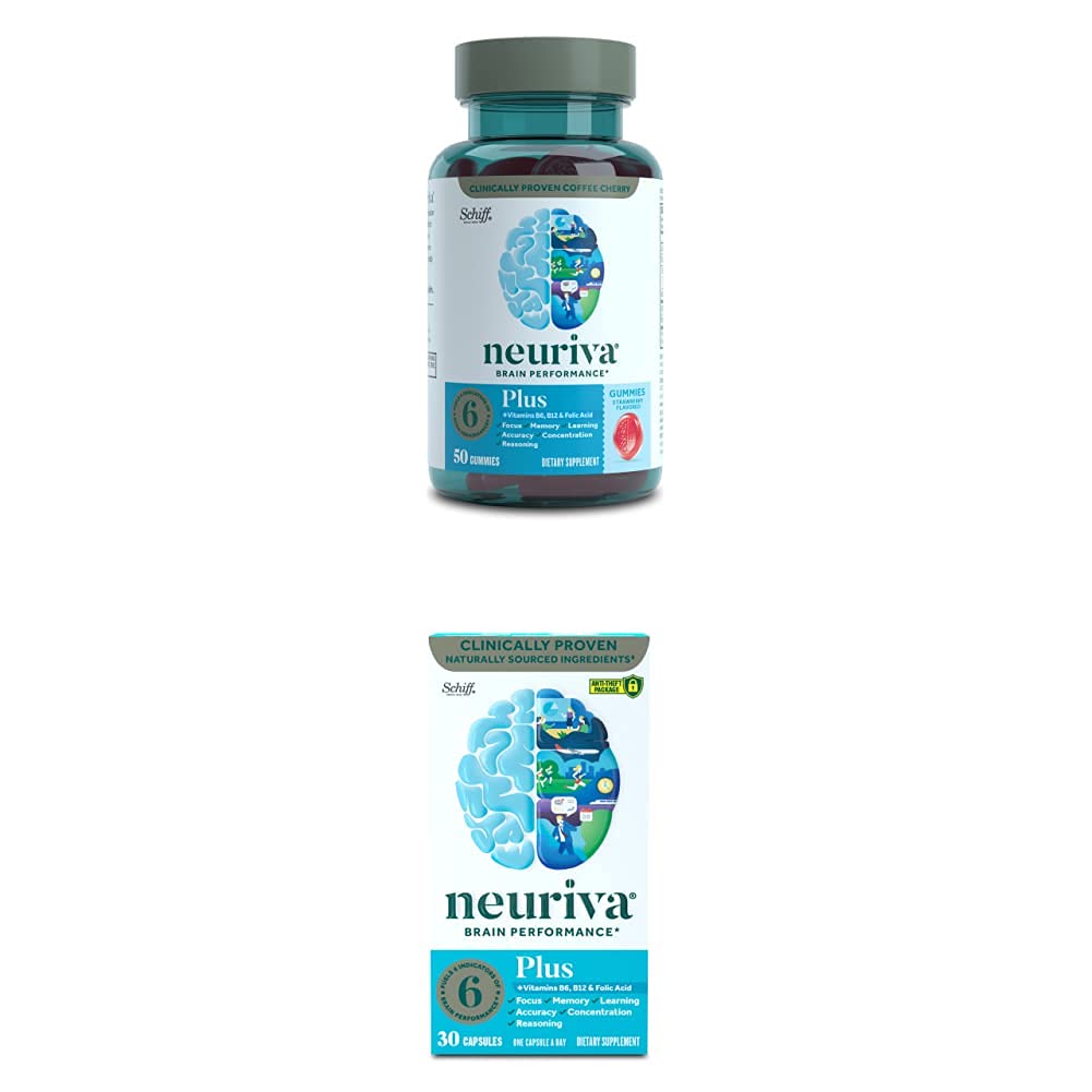 NEURIVA Nootropic Brain Support Suplemento - Plus Strawberry Gummies (50 Cuenta en una botella) con Suplemento Nootropic Brain Support - Plus Capsules (30 Cuenta en una caja)