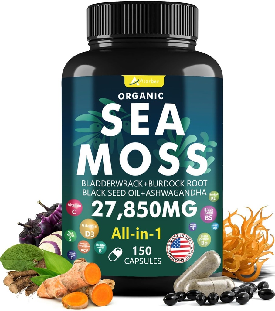 Complejo de cápsulas de mar con aceite de semilla negra,Aşhwagandha,Burdock Root,Bladderwrack Vitaminas de jengibre Suplemento multimineral - Irlandés Wild Seamoss Pills Advanced Blend for Hombre Mujeres (150 cápsulas)