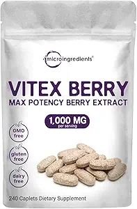 Micro Ingredientes Suplemento de Berry Vitex, 1000mg Por Serving, 240 Caplets ← Potent Chaste Tree Berry Extract ← Promueve Menstrual, Fertilidad, &amp; Saldo hormonal para las mujeres