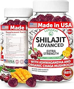 Lunakai USA Made Pure Shilajit Gummies 1200mg with Ashwagandha & Chaga - Himalayan Shilajit for Men & Women, Energy & Vitality Support, 60ct
