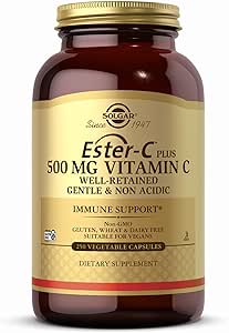 Solgar Ester-C Plus 500 mg Vitamina C (Complejo de Ascorbate) - 250 cápsulas vegetales - Gentle " No acidic - Antioxidante " Apoyo a los Inmunes - No GMO, Vegan, Gluten Free, Kosher - 250 piezas