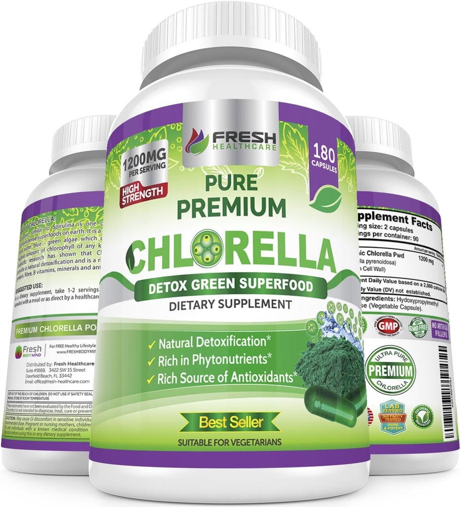 FRESH HEALTHCARE Premium Chlorella Suplemento, 1200mg Pure Vegan Powder Capsules, 180 Chlorophyll y CFG Pills, Natural Detox Superfood, Naturally Contiene B Vitaminas y Minerales