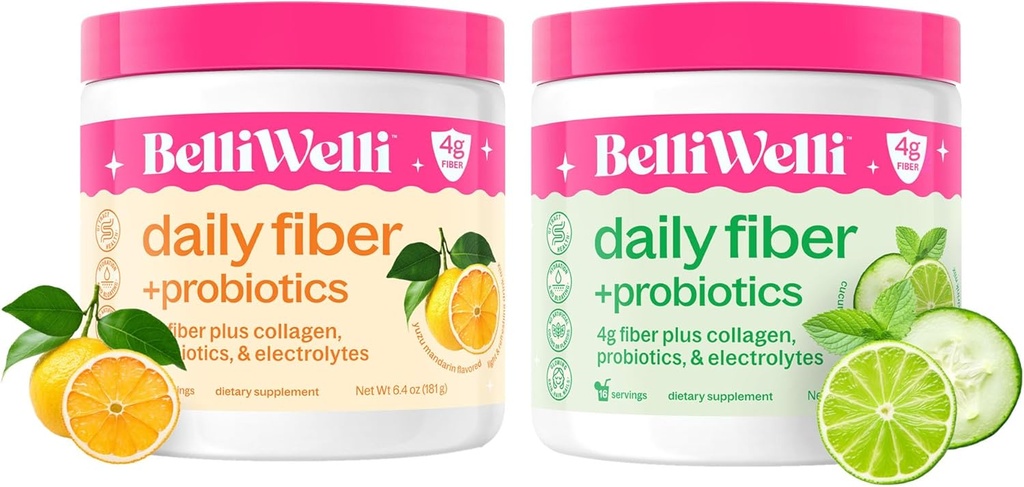 Agrupo de suplemento de fibra diaria con colágeno añadido, Probióticos &amp; Electrolitos - Cucumber Lime Mint & Orange Yuzu Mandarin Flavors - Apoya Salud Digestiva, Debloating & Hydration - 32 Servimientos Total