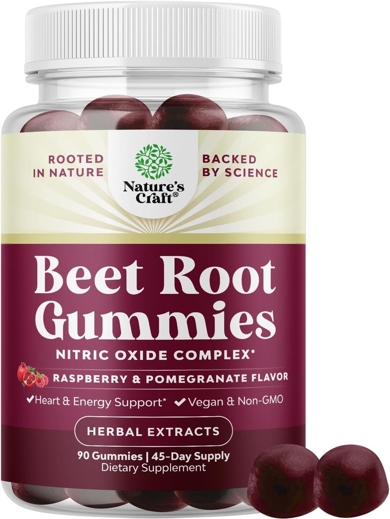 Gotas de remolacha de remolacha - Gummies de remolacha vigorizante para adultos Nitric Oxide Energy & Heart Health Support with Grapeseed Pomegranate & Vitamin B12 - Vegan Non-GMO & Gluten Free (45 Servings)