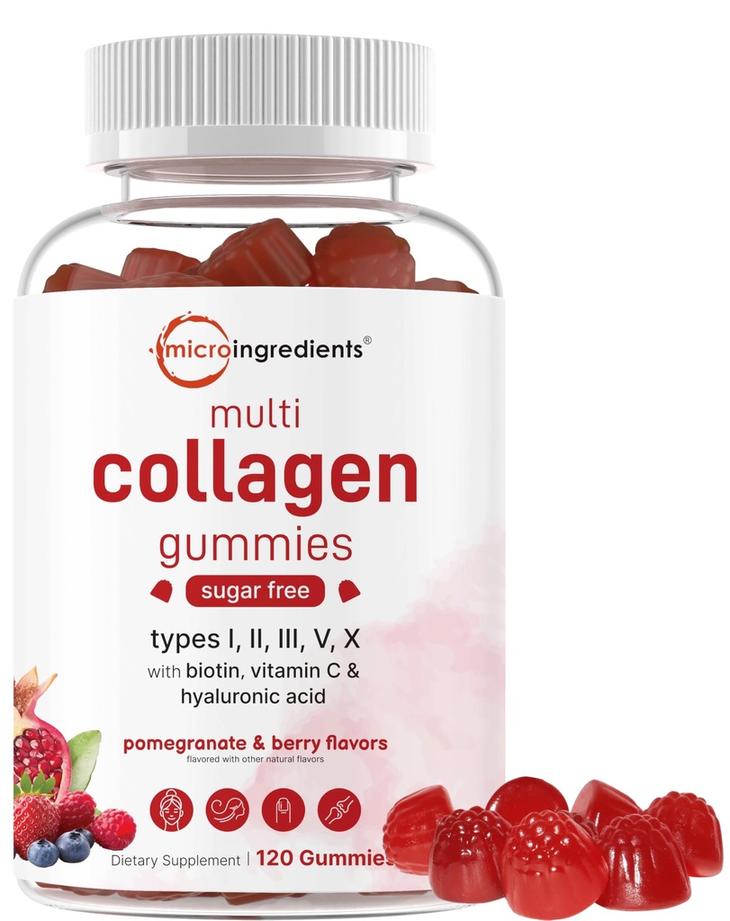 Micro Ingredientes Péptidos multi colágeno, 120 Gummies de colágeno ¦ Tipo I,II,III,V,X Proteína con Biotina, Ácido Hialurónico, & Complejo Vitamina C imperante " Berry Flavored  durable Sugar Free, Non-GMO